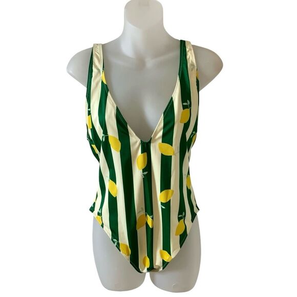 SOLID & STRIPED Lemon Print One-Piece Swimsuit V-Neck Open Back Yellow Green - Picture 6 of 15